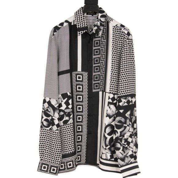 Verscae Mens Button Down Size Shirt 40 15 3/4 Black White Silk Medusa Print - Picture 1 of 11